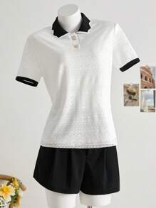 SHEIN LUNE 2pcs/Set Women Color Block Short Sleeve Top And Solid Color Shorts - Black and White - View 3