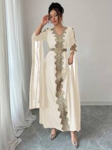 Rafferiza 中东风格女式拼布超长袖阿巴雅长袍，纯色蕾丝下摆长袍 - 杏色 - 查看 4