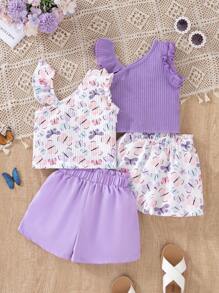 Conjunto de blusa con cuello asimétrico con volantes y shorts para niña