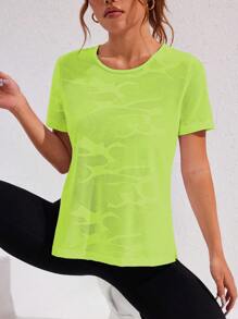 Gameset SHEIN Sport Spring/Summer Short Sleeve Camouflage Jacquard Mesh Splice Sports Top Gym Women Shirts - fluorescent green - View 6
