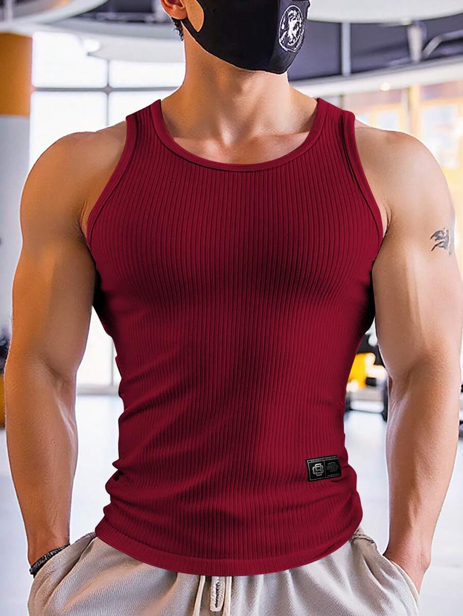 Manfinity Dauomo Áo ba lỗ cổ tròn ôm vừa vặn có gân màu trơn cho nam, mùa hè - Màu Hồng Tươi - Xem 1