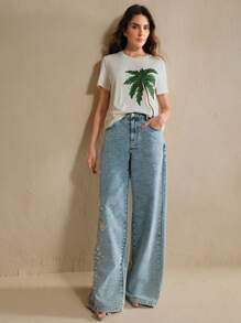 Anewsta 女士时尚度假优雅海滩椰子树亮片刺绣装饰 T 恤，适合夏季节日外出度假 - 綠色 - 查看 7