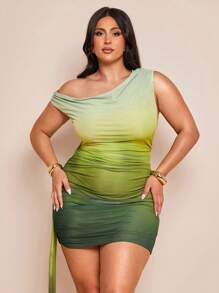 SHEIN BAE 大码女式春夏度假海滩优雅露肩丝带绿色渐变迷你连衣裙，夏季服装
