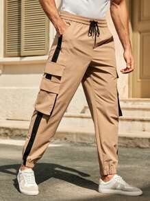 Manfinity VCAY Quần Cargo thường ngày có túi rút dây màu tương phản dành cho nam - Màu Khaki - Xem 7