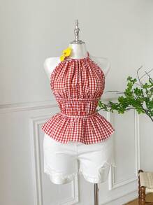 Comfortcana 2 piezas Camiseta de tirantes de talla grande a cuadros rojo, blanco y negro de primavera - Multicolor - Ver 7