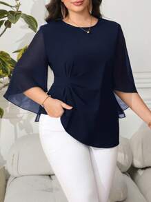 Reflora Bluză pentru femei mărimi mari, culoare solidă, cu mâneci evazate și talie strânsă, primăvară/vară