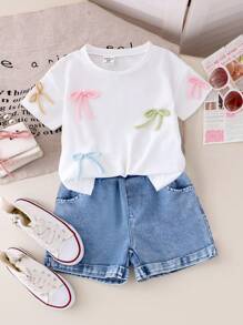 SHEIN Genkimix Kids 2pcs/Set Girls Young Girl Casual Cute Solid Color Top & Denim Pocket Shorts Set, Summer