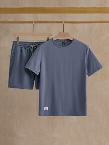 Manfinity VCAY 男士字母贴花T恤和抽绳短裤夏季套装 - 霧霾藍 - 查看 6