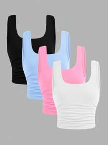 SHEIN 4pcs/Set Tween Girls' Slim Fitting Casual Comfy Stretchy Knitted Tank Tops, Versatile - Baby Blue - View 1