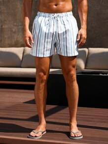 Manfinity VDAYZ Men's Casual Striped Print Drawstring Waist Slant Pocket Beach Shorts Mens Beach Clothes Men Swim Trunks Beachwear