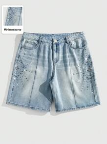 ROMWE MEN Street Life Men's Avant Casual Versatile Denim Shorts With Diamond Pocket Decor - Blue - View 1