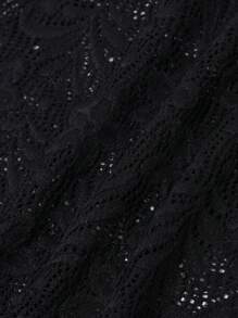 Allurite Top style licou élégant à col ajouré en couleur unie avec patchs en dentelle noire pour l'été - Noir - Voir 5