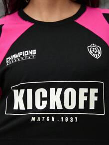 ROMWE Street Life Camiseta corta casual y sexy con estampado suelto de estrella de fútbol y eslogan - Rosa - Ver 2