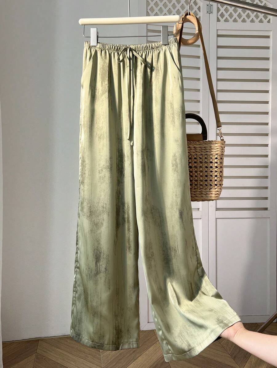Elamini Women's Satin Tie-Dye Print Drawstring Waist Loose Leg Pants Fall Cloth For Women - Green - View 1