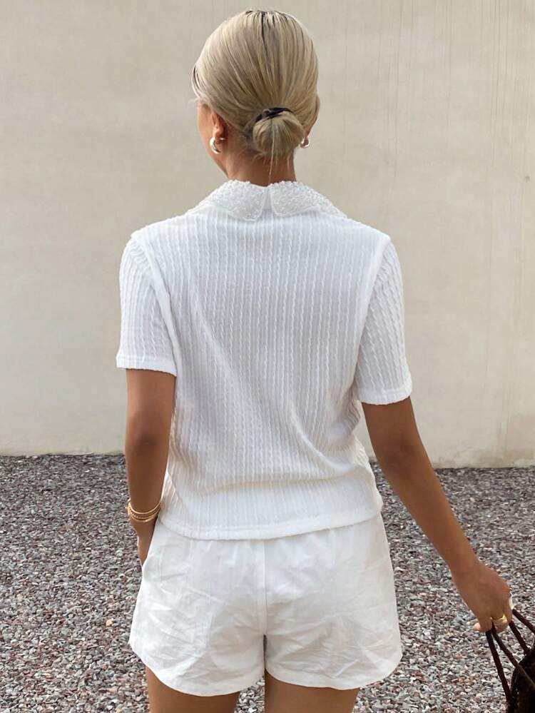 Women's Casual Ribbed Beaded Short Sleeve T-Shirt, Versatile For Summer Preppy Tops