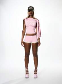 SUMWON WOMEN One Shoulder Asymmetric Graphic Top Ruched Side Summer Festival Dance Performance Shirt Stretch Fitted Fallen Angel Design Streetwear