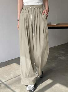 FRIFUL Women's Solid Color Drawstring Waist Pockets Wide Leg Casual Pants, Versatile - Apricot - View 4