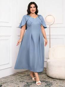 Modelyn 大码女式优雅珍珠装饰斗篷设计中长连衣裙 - 藍色 - 查看 4