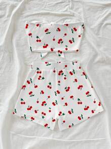 Soleia Bộ 2 món/Bộ Áo Crop Top Và Quần Short Họa Tiết Quả Anh Đào Thường Ngày Dành Cho Nữ, Thích Hợp Cho Mùa Hè Bộ Đồ Hai Mảnh Dễ Thương Cho Nữ Bộ Đồ Hai Mảnh Mùa Hè - Nhiều màu - Xem 2