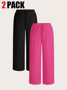 SHEIN EZwear Set de 2 pantalones para mujer tallas grandes, en colores magenta y negro