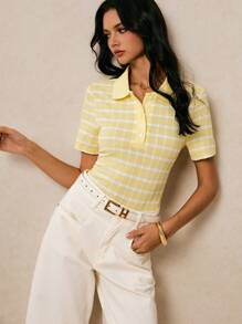 Poéselle 女式夏季条纹短袖 Polo 领休闲 T 恤 - 黃色 - 查看 5