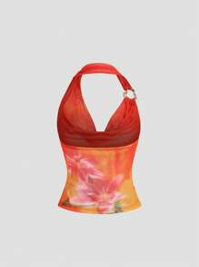 Sweetra 女士夏季海滩度假金属扣装饰V领露背上衣 - 彩色 - 查看 4