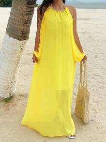 Sunnyshic Robe d'été sans manches en mousseline de soie jaune vif avec décoration coquillage pour femmes grande taille - Jaune citron - Voir 5