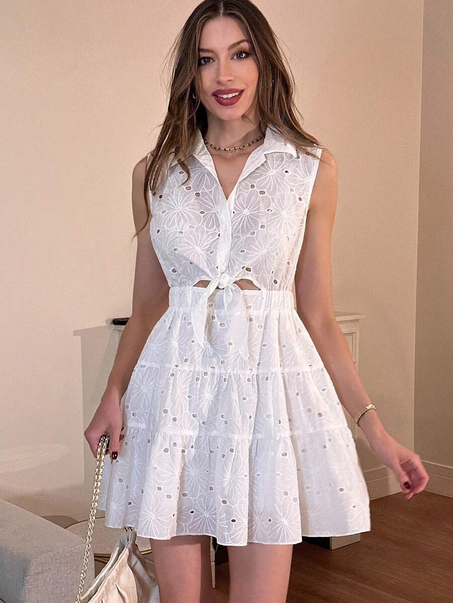 Pariaura Vestido blanco de mujer para primavera y verano, elegante estilo francés para oficina, con cuello hueco, cintura ceñida y falda acampanada con volantes - Blanco - Ver 1