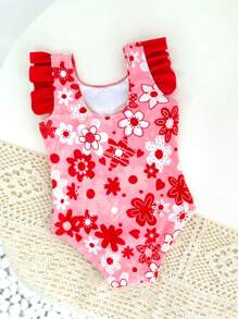 SHEIN Traje de baño una pieza con flores digitales estampadas en poliéster para niñas bebés con broche en la entrepierna - Multicolor - Ver 1