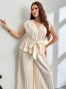 Firerie Plus Size Women 2 Pieces Set Solid Color Pleated Button Shirt And Wide Leg Pants For Summer