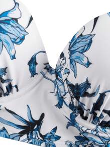 Swim Oasis V-Neck Blue Floral Print Halter Backless Bikiniseta With Kimonos, High-End Summer Beach Outfit For Women - Multicolor - View 11