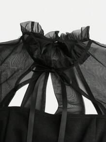 Pitira Pitira 少女针织对比色网眼透视荷叶边立领蝴蝶结灯笼袖连衣裙