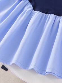 Genkimix Kids Young Young Girl Blue Comfy Round Neck Short Sleeve Patchwork Cute Casual Academy Style Bowknot Decor Dress