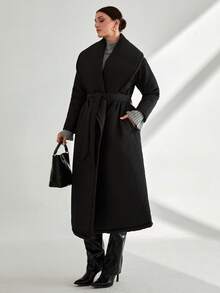 EURMUSE Oversized Quilted Maxi Padded Coat, Premium Winter Collection, Belted Wrap Design, Long Length Series, High-Fashion Statement Piece, Modern Volume Silhouette, Designer Outerwear Collection, High-End Fashion Series, Professional Winter Wear S For Women Long Coats For Women Long Black Coat Long Black Coat Women Long Padded Coat Women Maxi Padded Coat Oversized Padded Coat Women's Winter Coats - Black - View 6