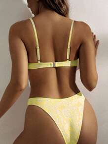 SHEIN 女士夏季海滩度假两件套泳衣 - 细肩带花卉印花比基尼，蕾丝蝴蝶结装饰，高腰泳裤，性感两件套泳衣套装 - 黃色 - 查看 2