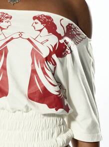 SUMWON WOMEN Off Shoulder Angel Graphic Crop Top With Shirred Waist Band Gothic Renaissance Style Festival Dance Party Clubwear - White - View 8