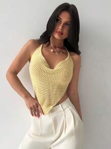 SHEIN Privé Camiseta de punto ajustada con cuello de halter y nudo - Amarillo - Ver 8