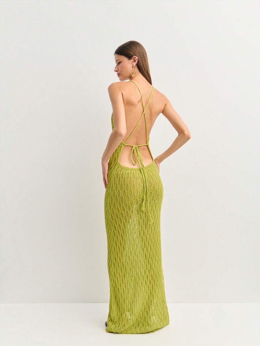 Nöista 度假海滩纯色挂脖露背连衣裙 - 綠色 - 查看 1