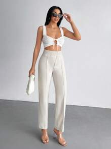 RueChic Damen einfarbige Stoffhose mit elastischem Bund und geradem, gestreiftem Design für den Lässig-Look