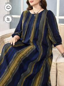 Lacomfia 大码女式休闲条纹七分袖宽松常规阿拉伯风格连衣裙，春夏 - 彩色 - 查看 1