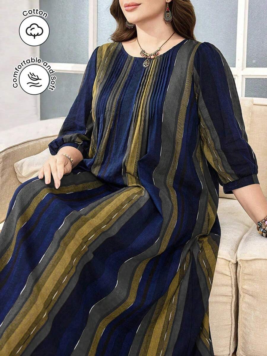 Lacomfia 大码女式休闲条纹七分袖宽松常规阿拉伯风格连衣裙，春夏 - 彩色 - 查看 1