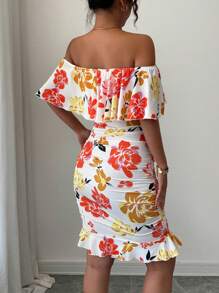 Selianne Tropical Print Off Shoulder Ruffle Trim Ruched Bodycon Dress Vacation Beach Outfits Women - Multicolor - View 2