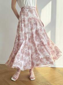 Modelyn Women's Vacation Floral Print Ruffle Hem Elegant A-Line Skirt - Pink - View 1