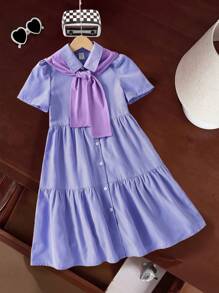 1 Set Vestido de camisa a rayas rosa de estilo escolar informal a cuadros para niñas preadolescentes y conjunto de vestido con capa para niños - Multicolor - Ver 7
