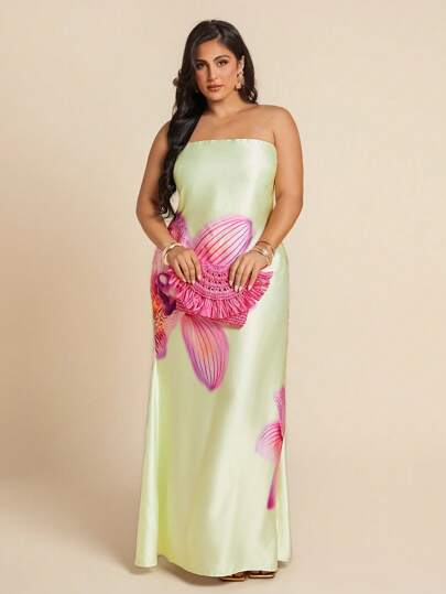 SHEIN BAE 加大码女式缎面印花露背连衣裙，春夏装，美国独立日曲线装，女士沙滩装，女士机场装，女士节日装，毕业装，女士夏装，女士外出上衣，狂欢装，女士性感俱乐部装，女士生日装，节日装，女士婚礼宾客礼服，毕业礼服，黄黄油，女士夏装