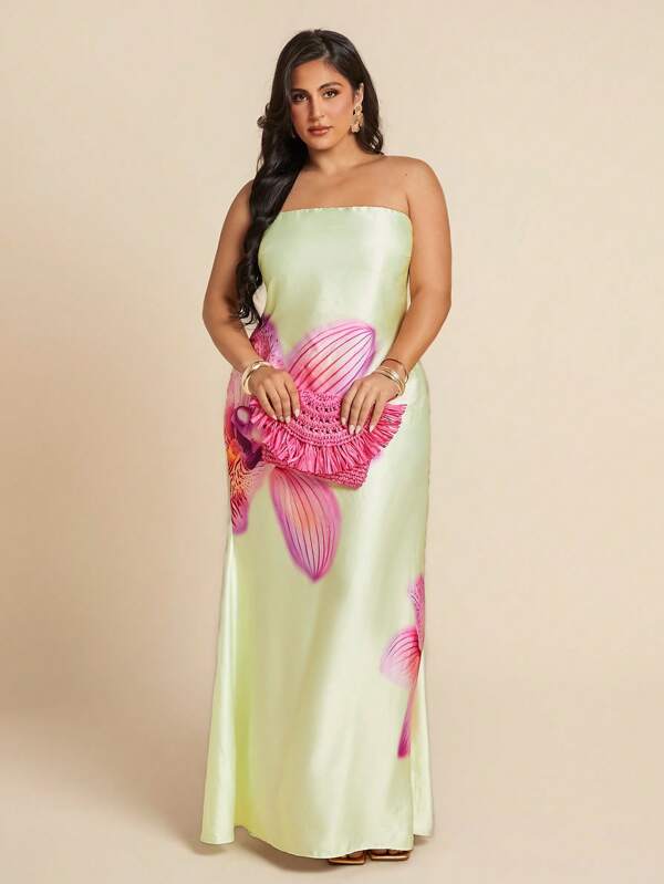 SHEIN BAE Rochie de damă plus size cu imprimeu satinat și spate deschis, primăvară/vară, model 4 iulie, ținută de plajă pentru femei, ținută de aeroport pentru femei, ținute de festival pentru femei, absolvire, haine de vară pentru femei, topuri pentru ieșiri în oraș pentru femei, ținute rave, ținute sexy de club pentru femei, ținute de ziua de naștere pentru femei, ținute de sărbătoare, rochie de invitată la nuntă pentru femei, rochie de absolvire, unt galben, rochii de vară pentru femei