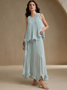 Anewsta Bộ áo hai mảnh không tay xếp nếp thanh lịch lãng mạn cho ngày lễ, tiệc tùng, hẹn hò dành cho nữ, thích hợp cho mùa xuân, mùa hè, lễ hội, tốt nghiệp - Màu xanh lam - Xem 7