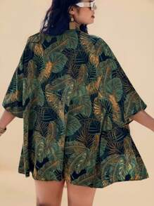 SHEIN VCAY 大码女式蓝叶印花和服衬衫和短裤套装，海滩度假装夏季