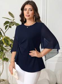 Reflora Bluză pentru femei mărimi mari, culoare solidă, cu mâneci evazate și talie strânsă, primăvară/vară