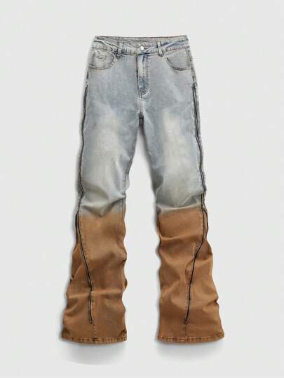 Men's Street Life Color Block Zipper Pocket Design Casual Denim Jeans